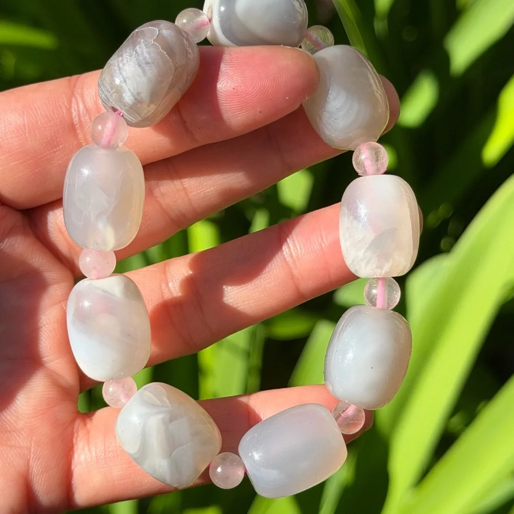 14mm stretchable barrel‎ shape milky agate rose quartz bracelet 0401